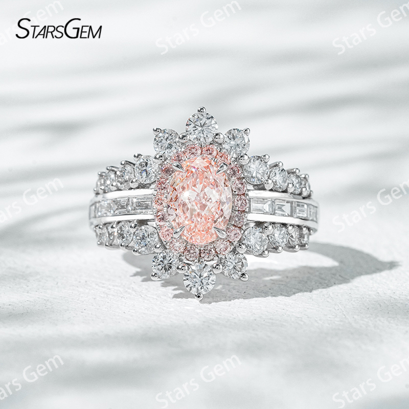 7.58×5.58mm Oval Cut Pink Lab Grown Diamond 18K White Gold Halo Engagement Ring
