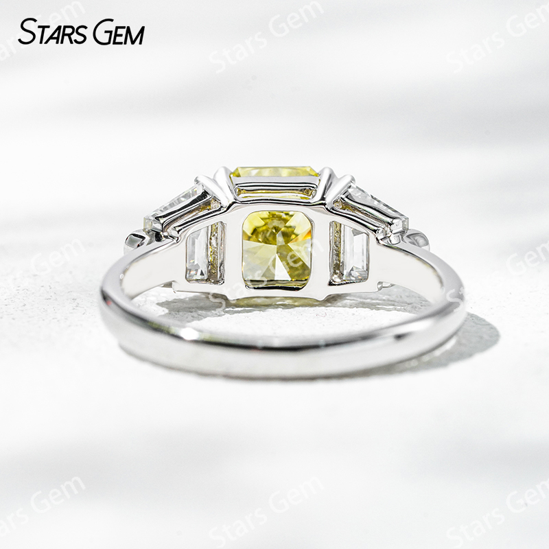 6.4×6.8mm Radiant Cut Yellow Lab Grown Diamond 18K White Gold Three Stone Engagement Ring