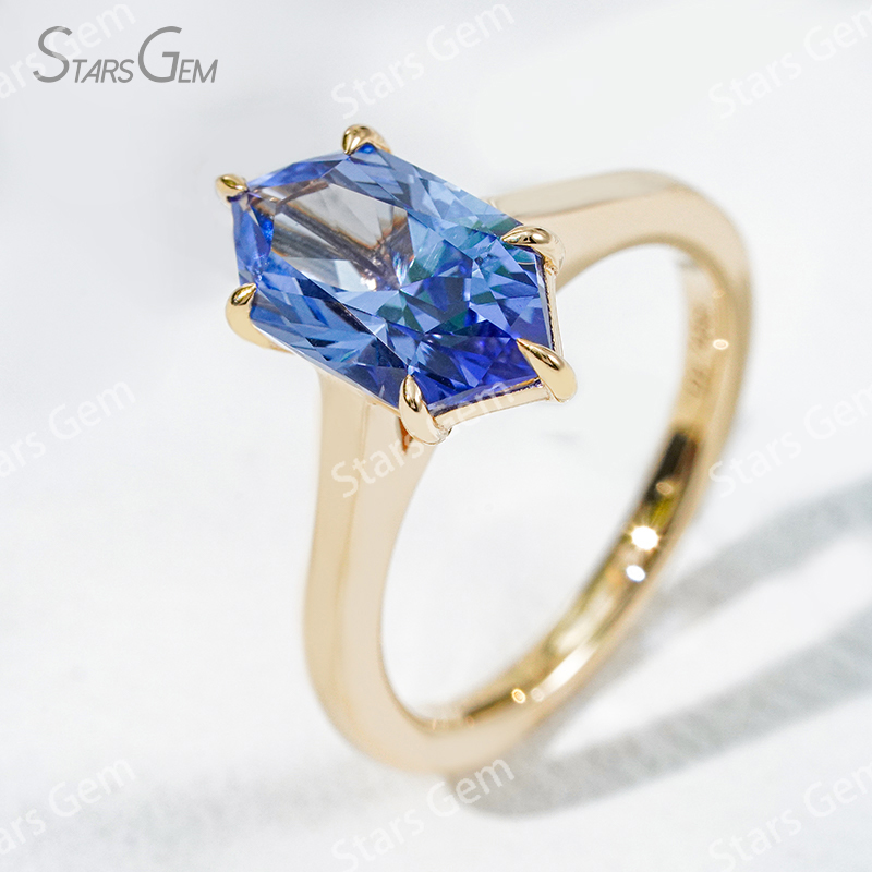 Custom Blue Gemstone Jewelry 6.58×12mm Special Cut Hexagon Shape Lab Grown Sapphire 14K Yellow Gold Solitaire Engagement Ring For Girls Women