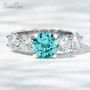 8mm Round Brilliant Cut Lab Grown Paraiba Sapphire With Side Moissanite 14K White Gold Engagement Ring
