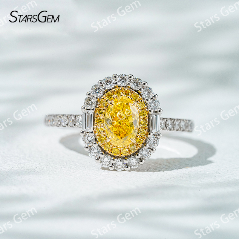 6.8×4.7mm Oval Cut Yellow Lab Grown Diamond 18K White Gold Halo Engagement Ring
