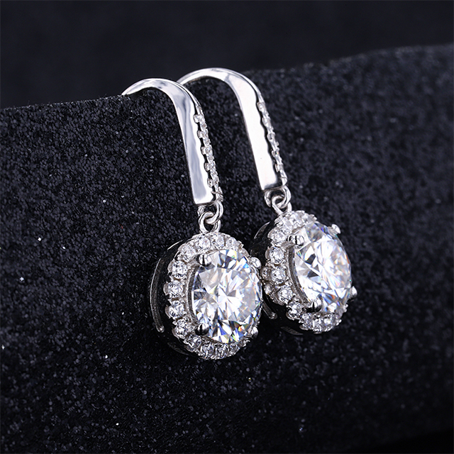 S925 Sterling Silver Round Brilliant Cut Moissanite Halo Set Drop Dangle Diamond Earrings