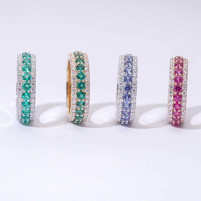 Round Brilliant Cut Color Lab Grown Gemstone 14K Gold Diamond Eternity Rings
