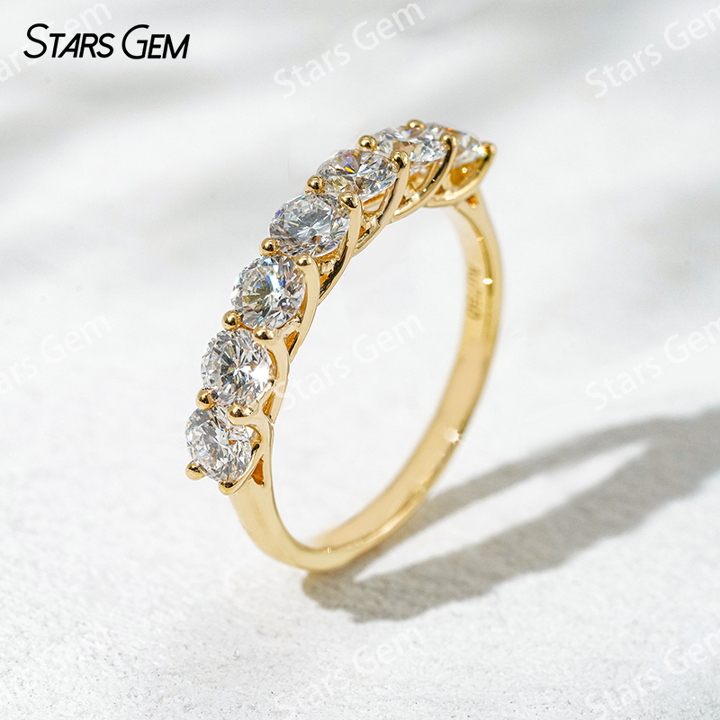 18K Solid Gold Trellis Setting Round Brilliant Cut Seven Stone Eternity Lab Grown Diamond Ring Wedding Band