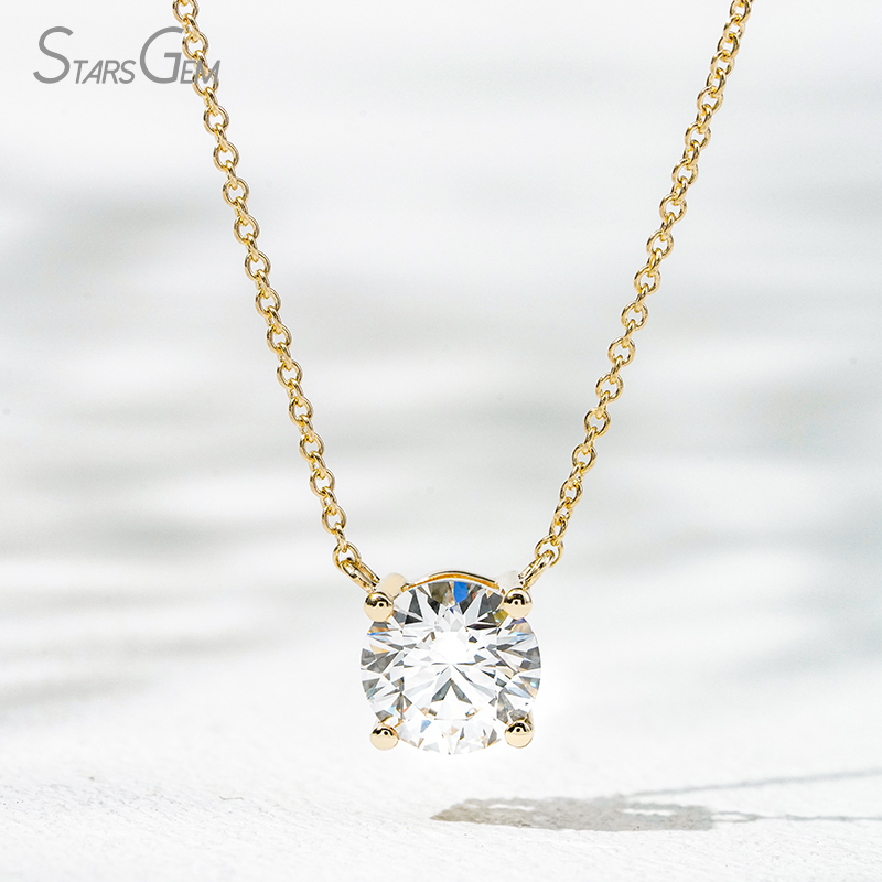 Starsgem Different Sizes Round Brilliant Cut Lab Grown Diamond 4 Prongs 10K Gold Diamond Pendant Necklace
