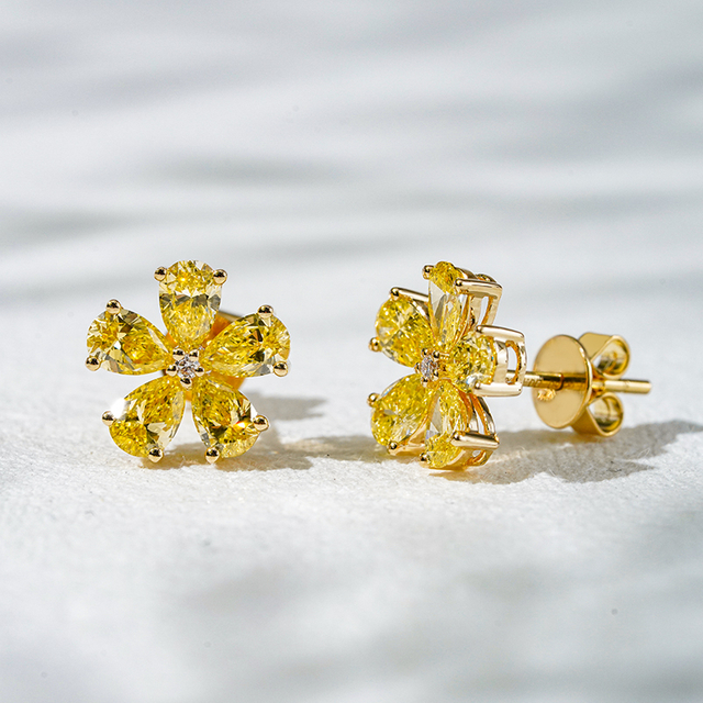 18K Yellow Gold Flower Shape Pear Cut Fancy VIVID Yellow Lab Grown Diamond Stud Earrings