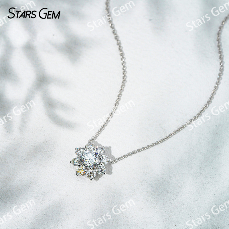1.0ct 6.5mm Round Brilliant Cut DEF VS Lab Grown Diamond Sunflower Pendant 18K White Gold Necklace