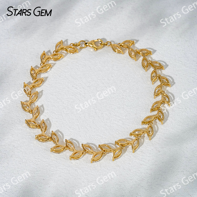 6.5 inches 18K Solid Yellow Gold Vine Leaves Lab Grown Diamond Tennis Bracelet