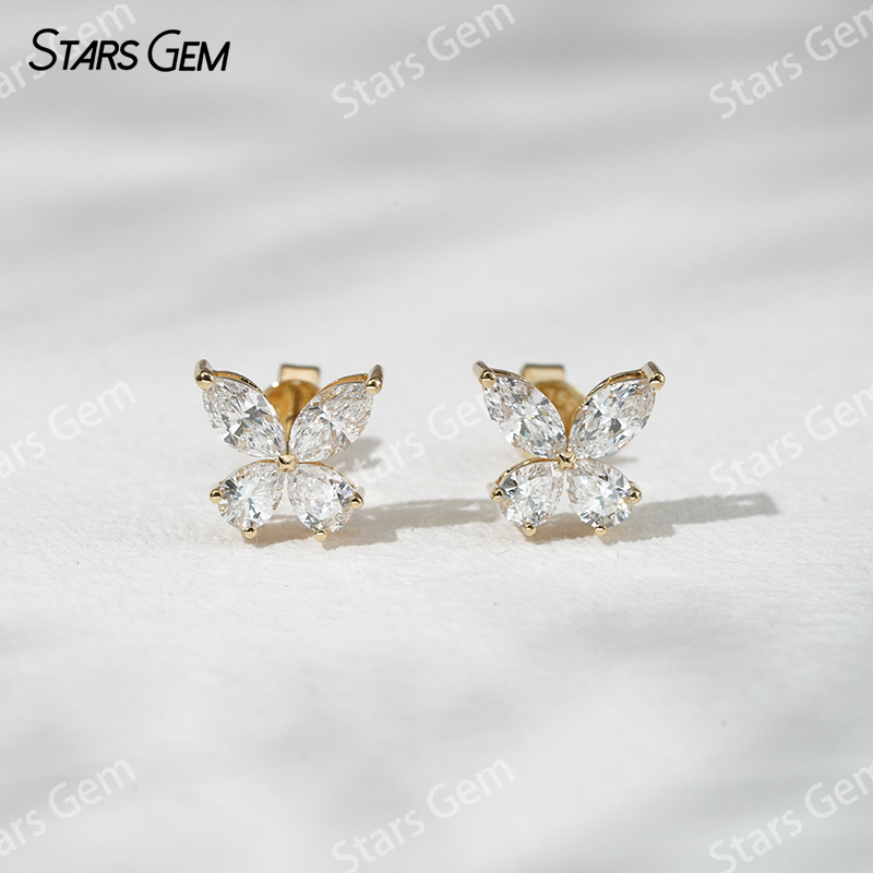 Starsgem 3×6mm Marquise Cut & 3×4mm Pear Cut Lab Grown Diamond Butterfly Shape 18K Gold Diamond Stud Earrings