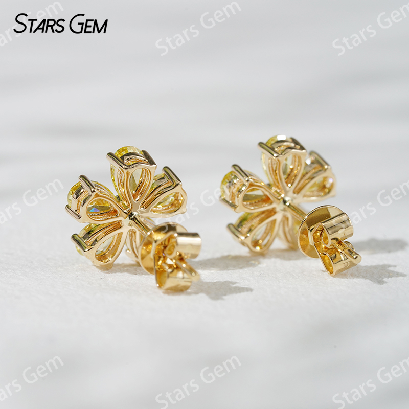 18K Yellow Gold Flower Shape Pear Cut Fancy VIVID Yellow Lab Grown Diamond Stud Earrings