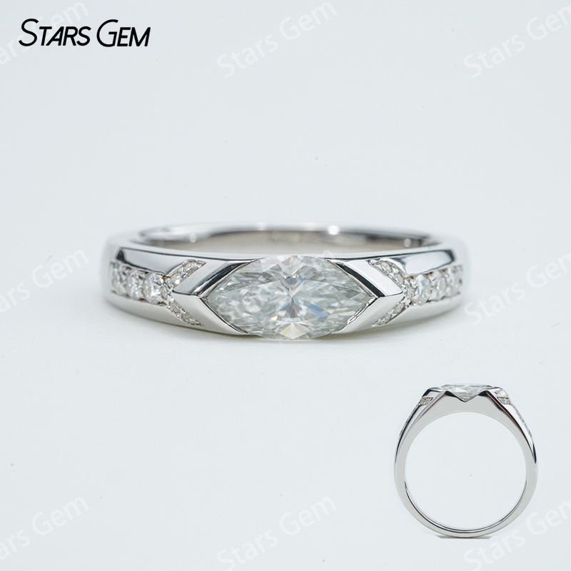 5×10mm Marquise Cut Moissanite S925 Sterling Silver Pave Engagement Ring