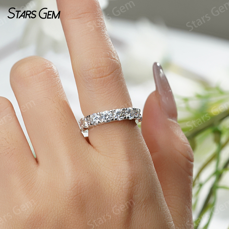 4mm Round Brilliant Cut White Black Moissanite S925 Sterling Silver Diamond Eternity Ring