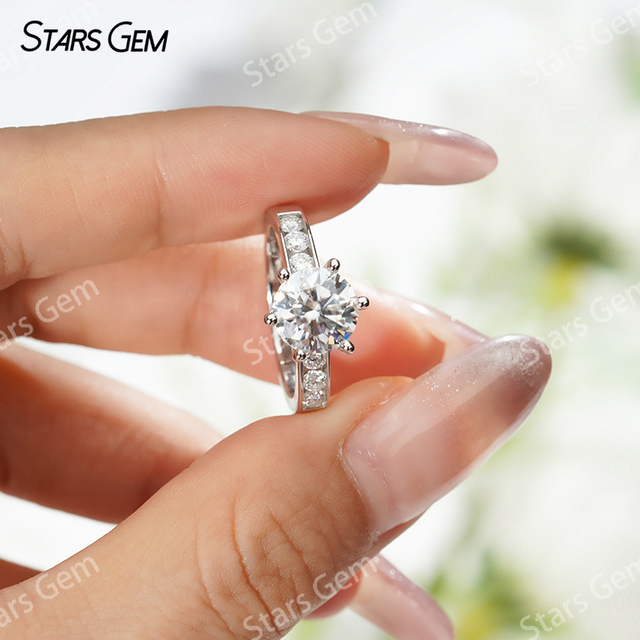 8mm Round Brilliant Cut Moissanite S925 Sterling Silver Pave 6 Prongs Channel Set Engagement Ring