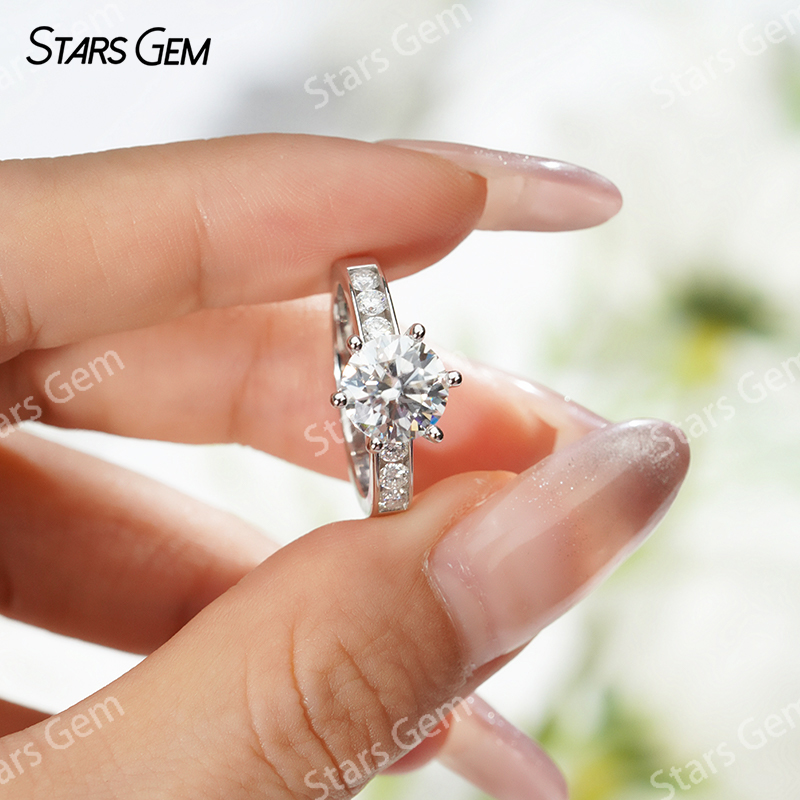 8mm Round Brilliant Cut Moissanite S925 Sterling Silver Pave 6 Prongs Channel Set Engagement Ring