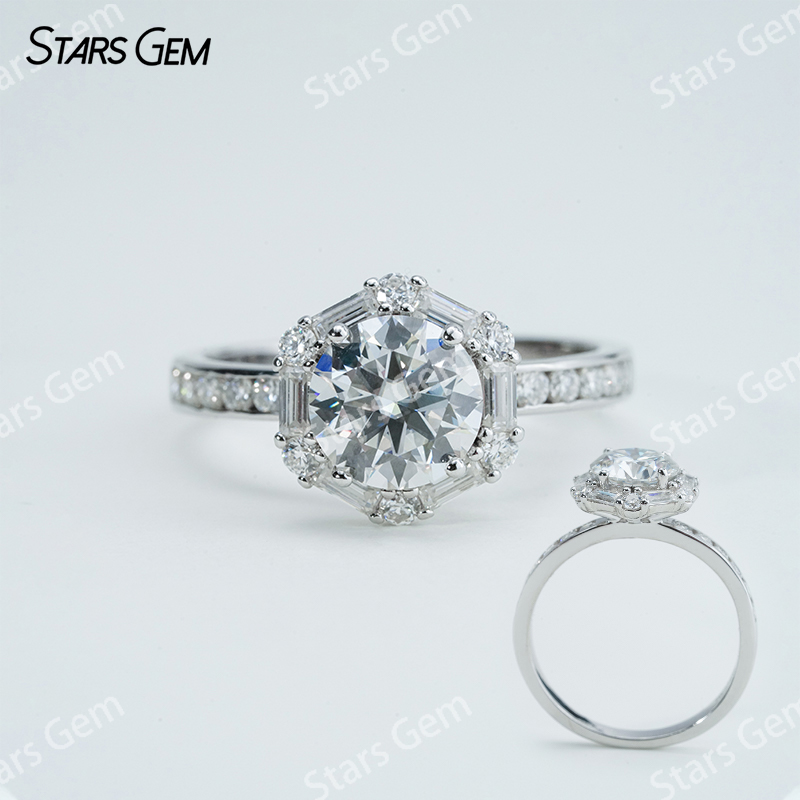 7.5mm Round Brilliant Cut Moissanite S925 Sterling Silver Hexagonal Shape Design Halo Engagement Ring
