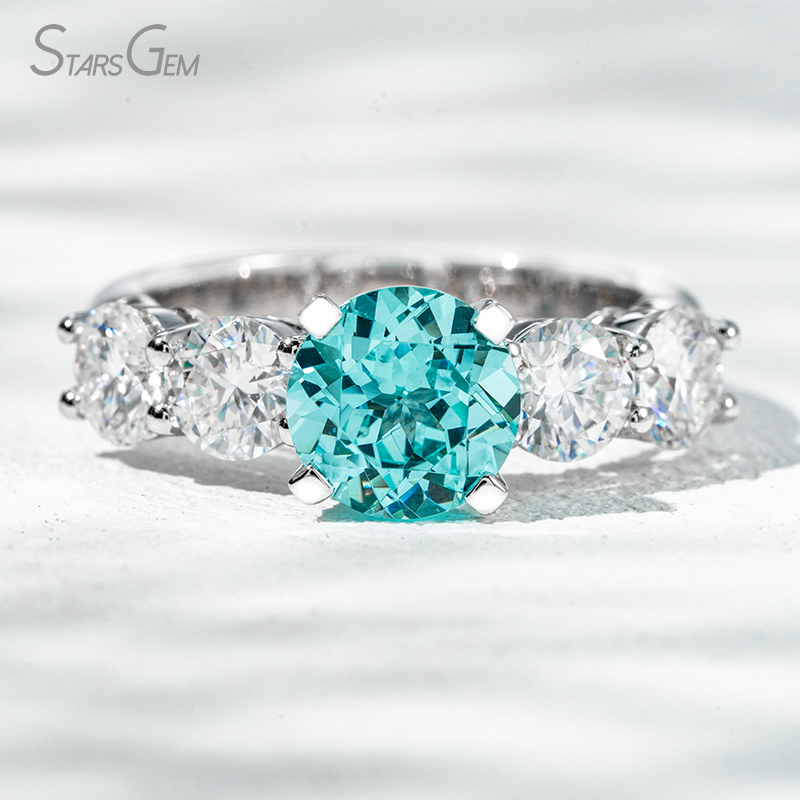 8mm Round Brilliant Cut Lab Grown Paraiba Sapphire With Side Moissanite 14K White Gold Engagement Ring