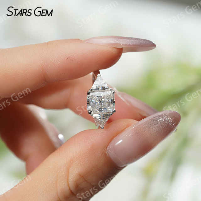 6×8mm Radiant Cut Moissanite S925 Sterling Silver Three Stone Engagement Ring