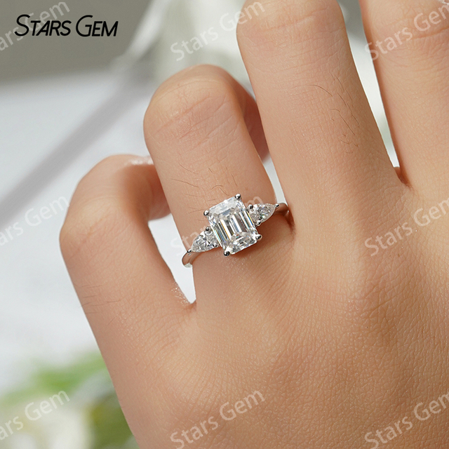 6×8mm Octagon Emerald Cut Moissanite S925 Sterling Silver Three Stone Engagement Ring