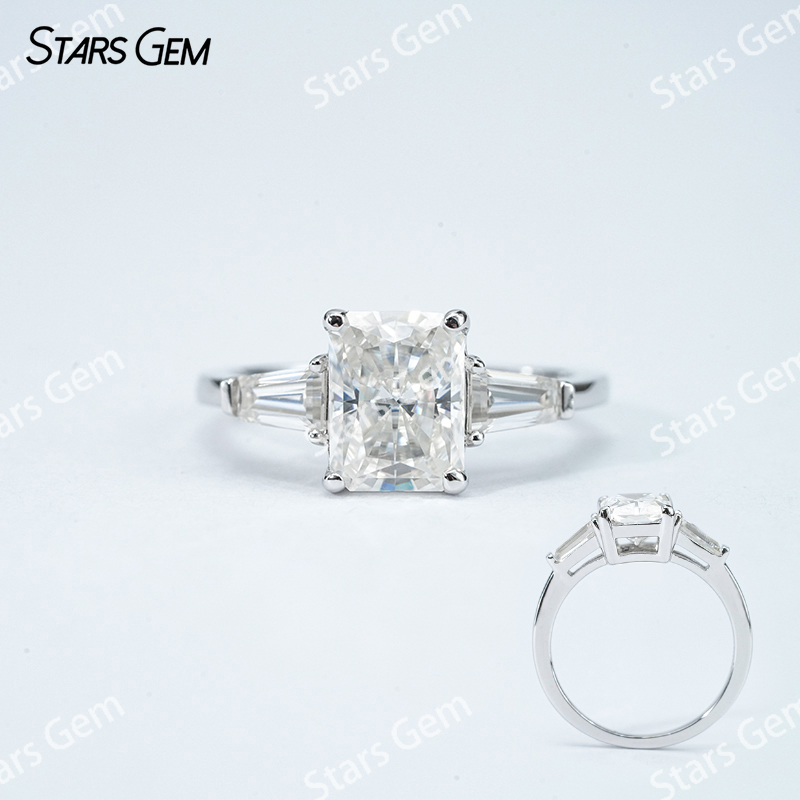 6×8mm Radiant Cut Moissanite 4 Prongs S925 Sterling Silver Three Stone Engagement Ring