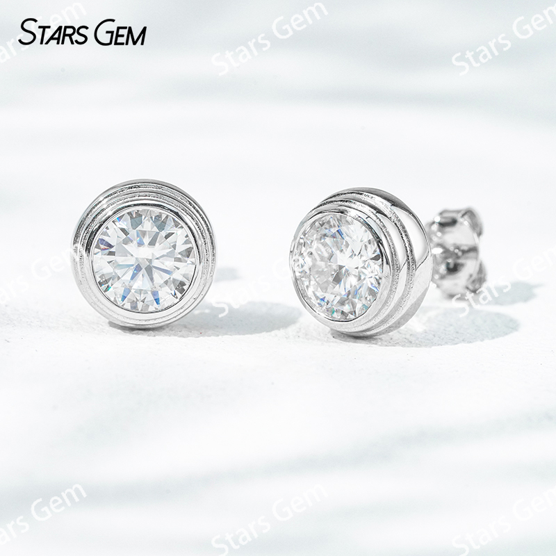 5mm & 6.5mm Round Brilliant Cut Moissanite Bezel Set S925 Sterling Silver Diamond Stud Earrings
