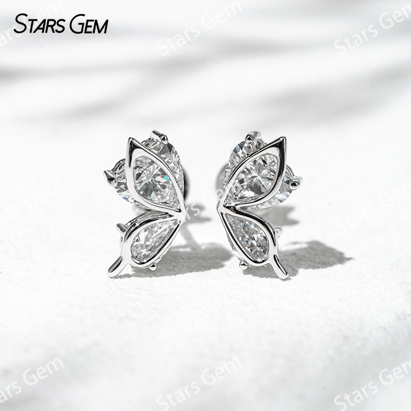 5×5mm Heart Cut & 3×5mm Pear Cut Lab Grown Diamond Butterfly Shape Design 18K White Gold Diamond Stud Earrings
