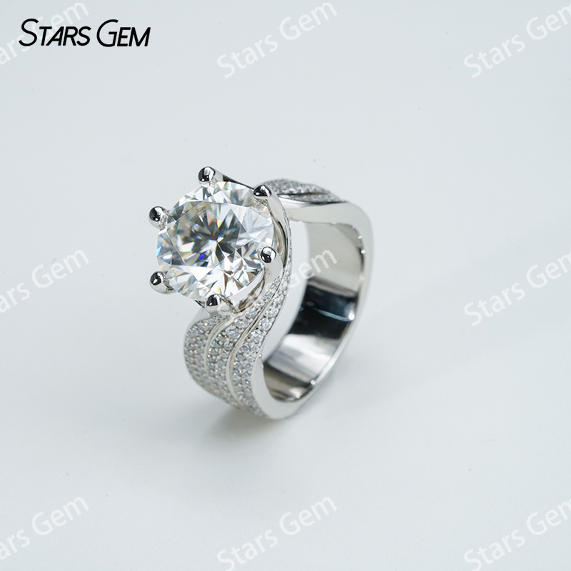 11mm Round Brilliant Cut Moissanite 6 Prongs S925 Sterling Silver Pave Engagement Ring
