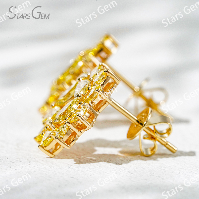 2.3×4.3mm Marquise Cut & 2×3mm Pear Cut Yellow Color Lab Grown Diamond Sunflower Design 18K Yellow Gold Diamond Stud Earrings
