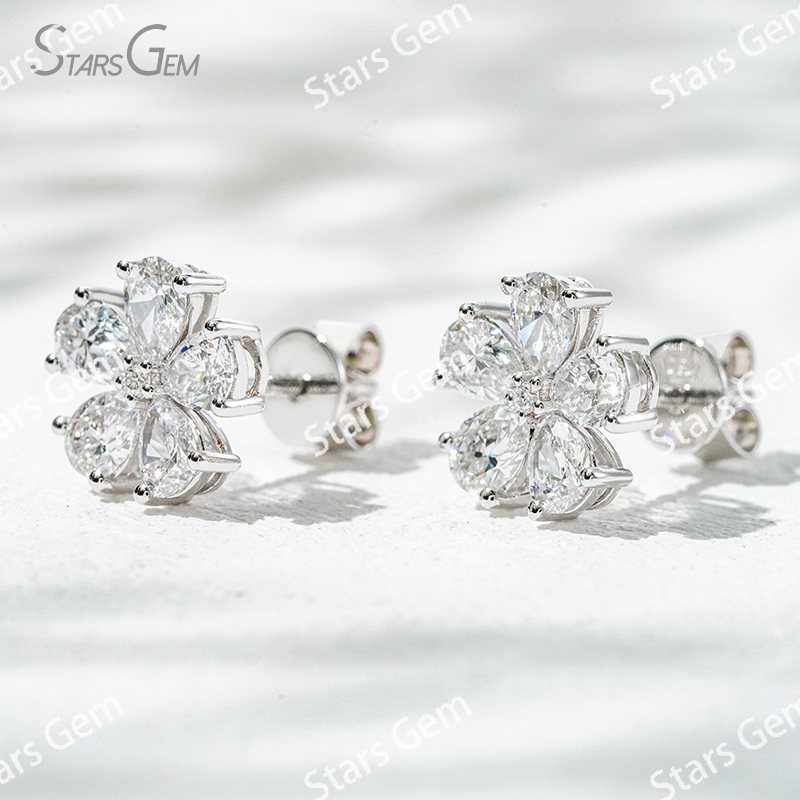 3×4mm Pear Cut Lab Grown Diamond Petals Shape Design 18K Gold Diamond Stud Earrings