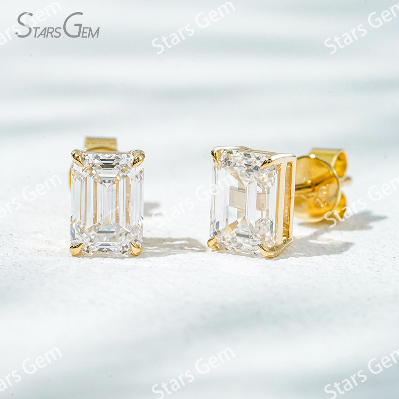 6.6×4.7mm Octagon Emerald Cut Lab Grown Diamond 4 Prongs 18K Gold Diamond Stud Earrings