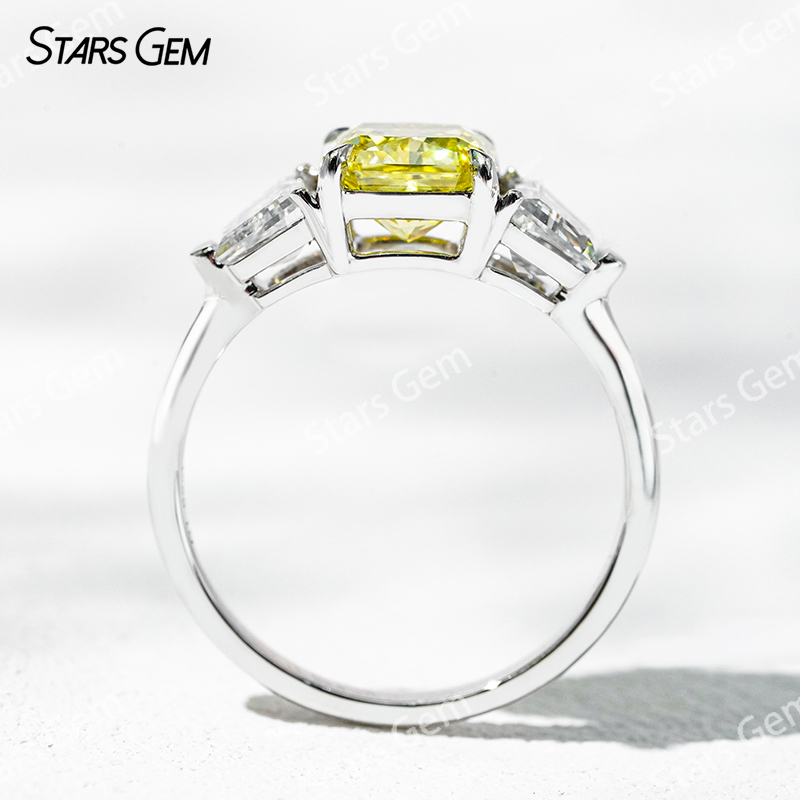 6.4×6.8mm Radiant Cut Yellow Lab Grown Diamond 18K White Gold Three Stone Engagement Ring