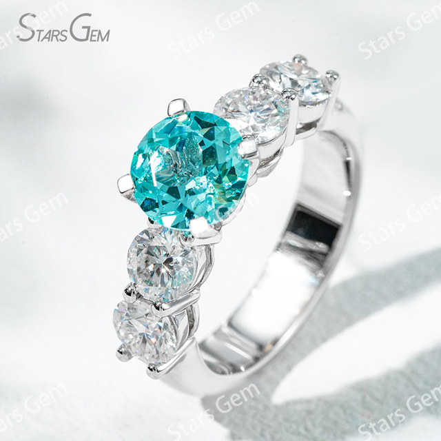 8mm Round Brilliant Cut Lab Grown Paraiba Sapphire With Side Moissanite 14K White Gold Engagement Ring
