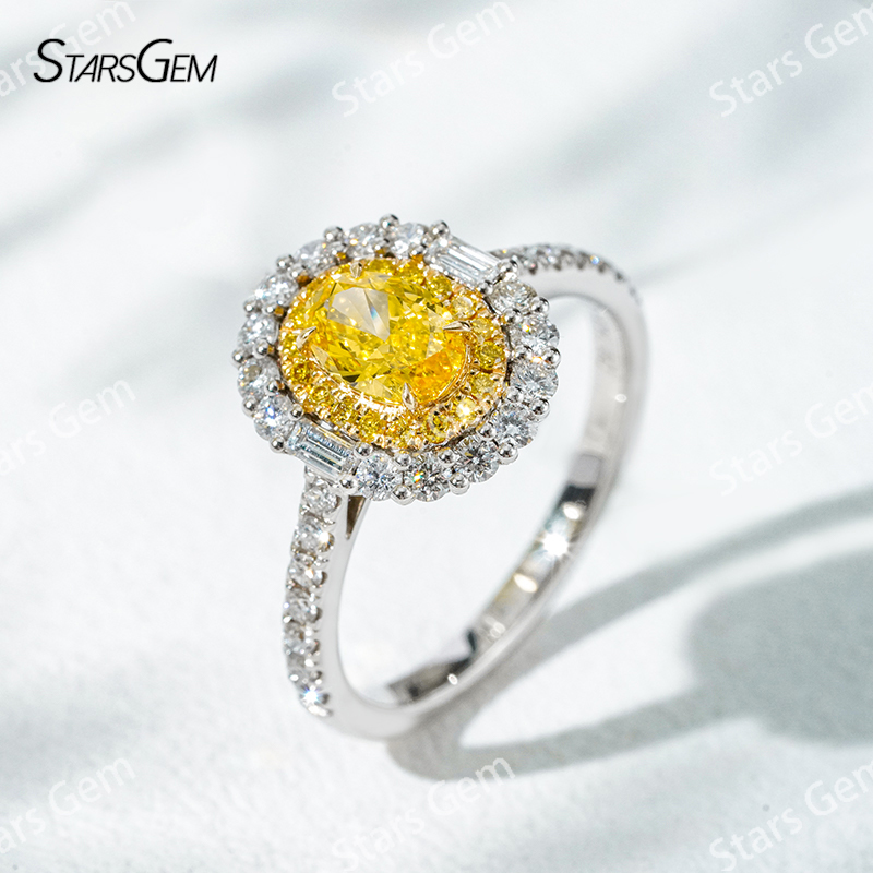6.8×4.7mm Oval Cut Yellow Lab Grown Diamond 18K White Gold Halo Engagement Ring