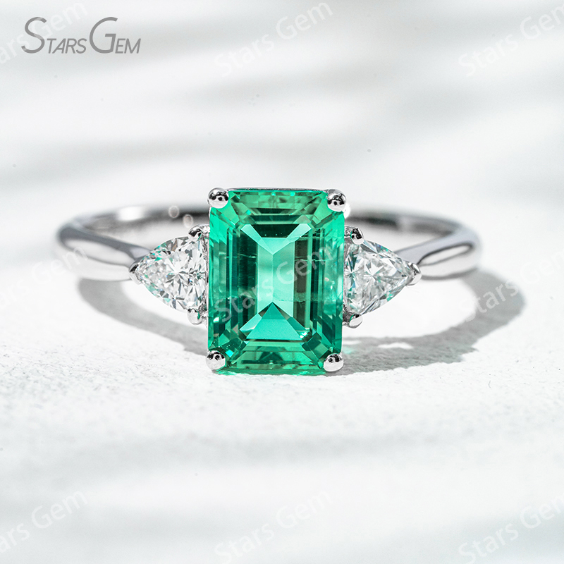 6×8mm Octagon Emerald Cut Lab Grown Emerald 18K Gold Three Stone Engagement Ring