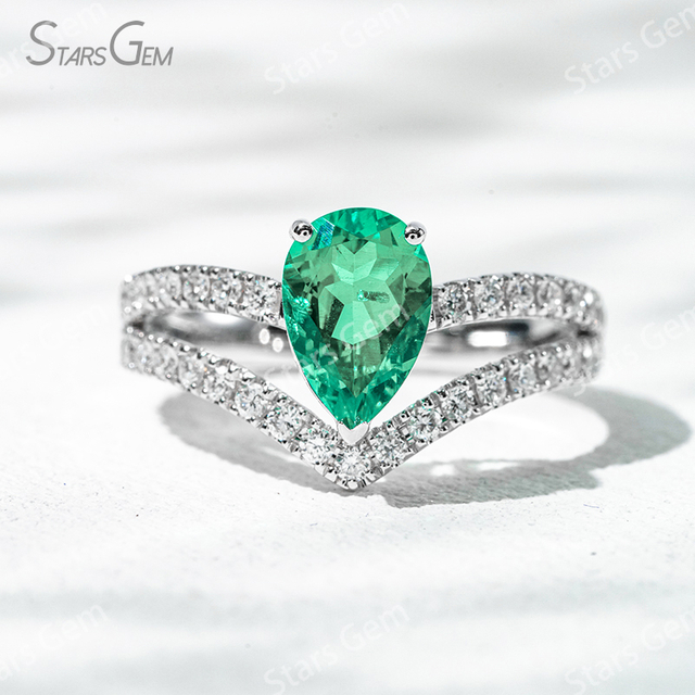 6×9mm Pear Cut Lab Grown Emerald 18K Gold Pave Engagement Ring