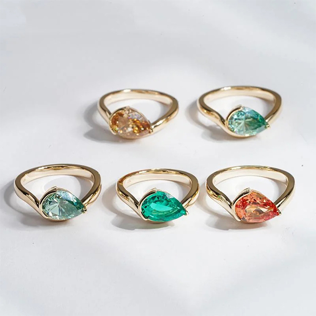 Unique Curved Band Pear Shape Colorful Gemstone Lab Grown Sapphire stone 9K 10K 14K 18K Gold Ring