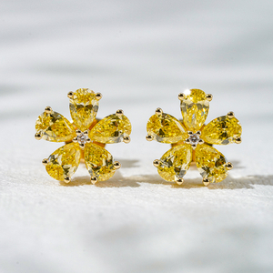 18K Yellow Gold Flower Shape Pear Cut Fancy VIVID Yellow Lab Grown Diamond Stud Earrings