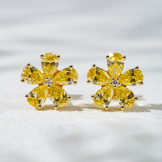 18K Yellow Gold Flower Shape Pear Cut Fancy VIVID Yellow Lab Grown Diamond Stud Earrings