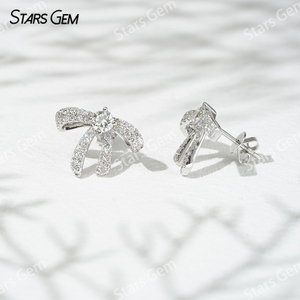 Starsgem 3.9mm Round Brilliant Cut Lab Grown Diamond Bowknot 18K White Gold Diamond Stud Earrings