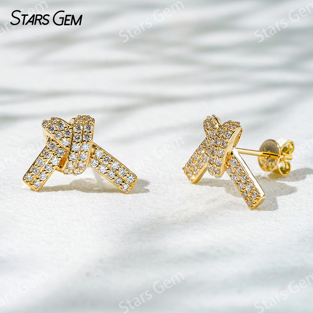 Starsgem 0.9mm Round Brilliant Cut Lab Grown Diamond Ribbon Knot Design 18K Gold Diamond Stud Earrings