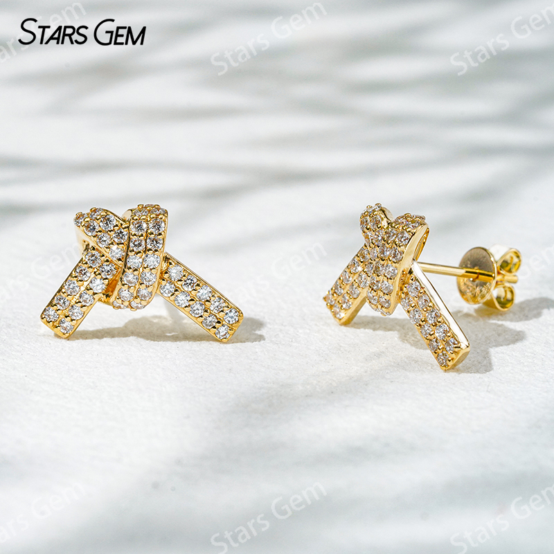 Starsgem 0.9mm Round Brilliant Cut Lab Grown Diamond Ribbon Knot Design 18K Gold Diamond Stud Earrings
