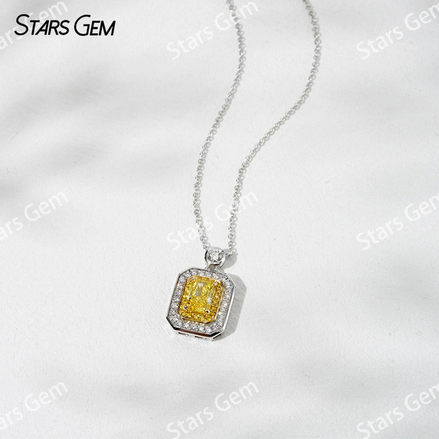 Halo Set 0.8 Carat Radiant Cut Yellow Lab Grown Diamond Pendant 18K Gold Necklace