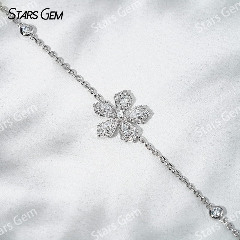 18K White Gold Bracelets Bangles Flower Set 4x2.5mm Pear Cut Lab Grown Diamond Bracelet