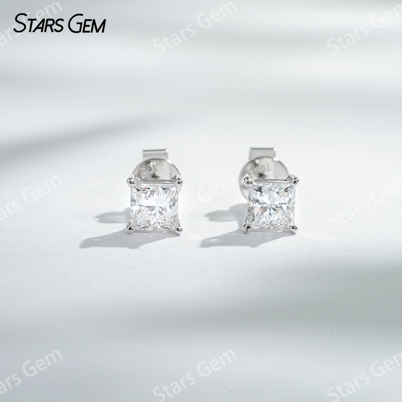 Starsgem 4×4mm Princess Cut Lab Grown Diamond 18K White Gold Diamond Stud Earrings