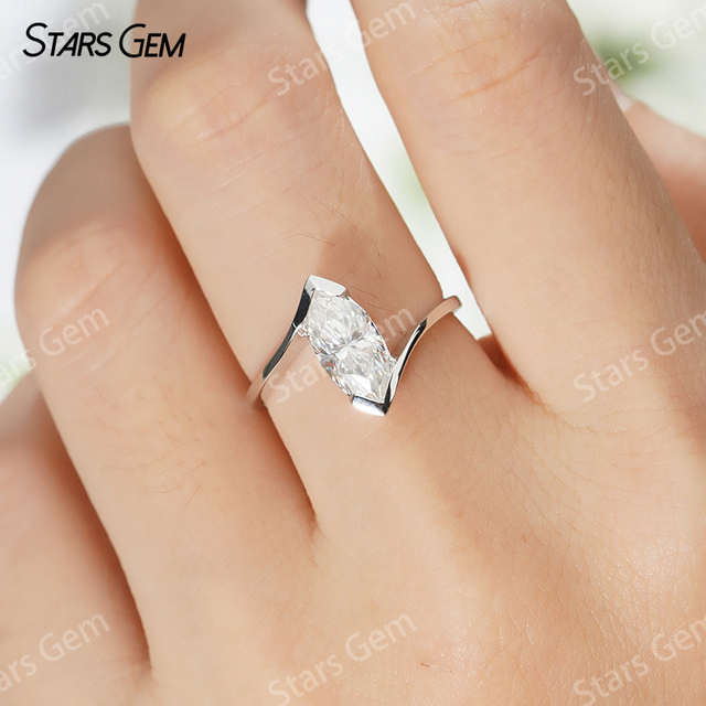 5×10mm Marquise Cut Moissanite Tension Set S925 Sterling Silver Solitaire Engagement Ring
