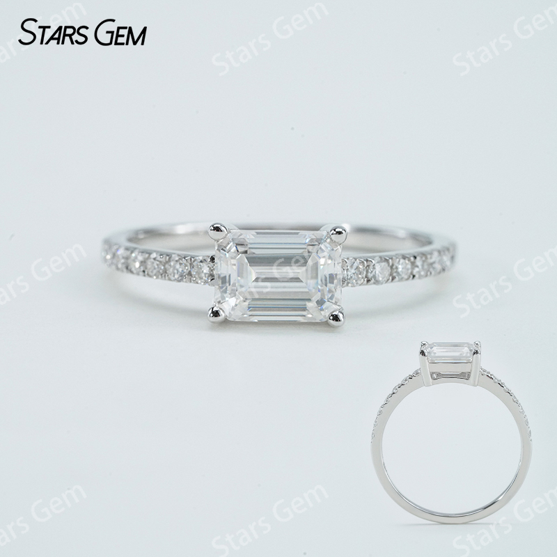 5×7mm Octagon Emerald Cut Moissanite S925 Sterling Silver Pave Engagement Ring