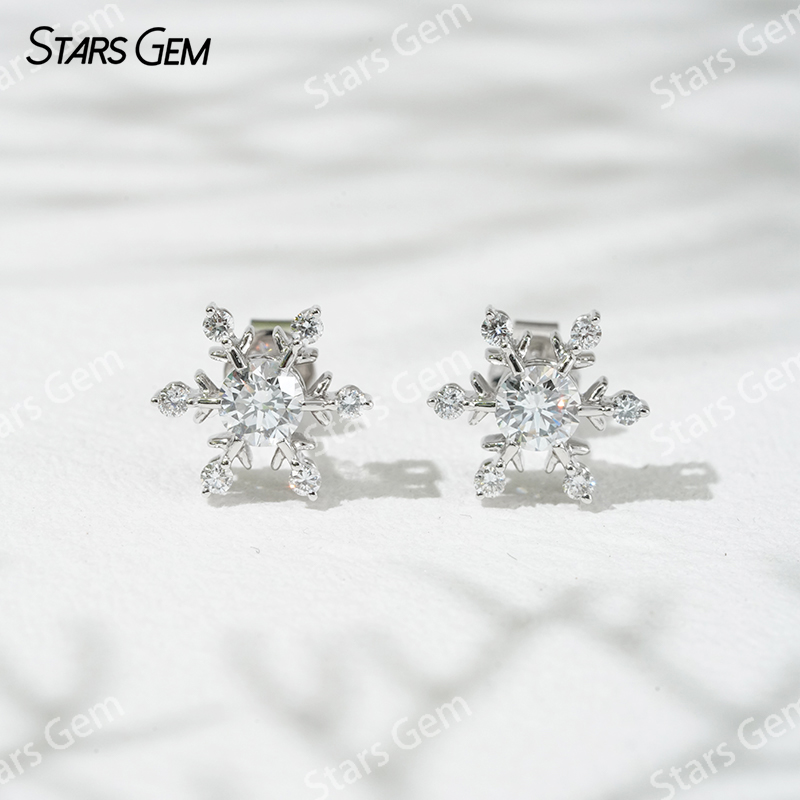 4.1mm Round Brilliant Cut Lab Grown Diamond Snowflake Shape 18K Gold Diamond Stud Earrings