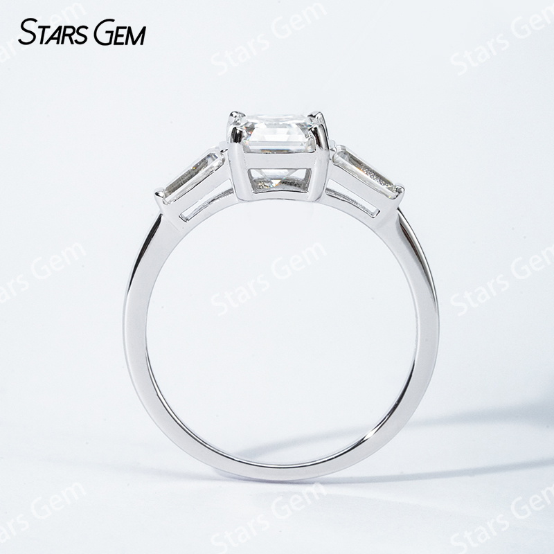 6.5×6.5mm Asscher Cut Moissanite S925 Sterling Silver Three Stone Engagement Ring