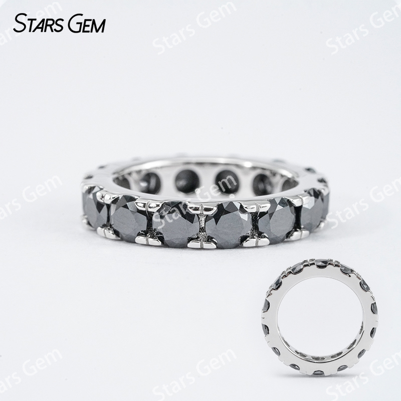 4mm Round Brilliant Cut White Black Moissanite S925 Sterling Silver Diamond Eternity Ring