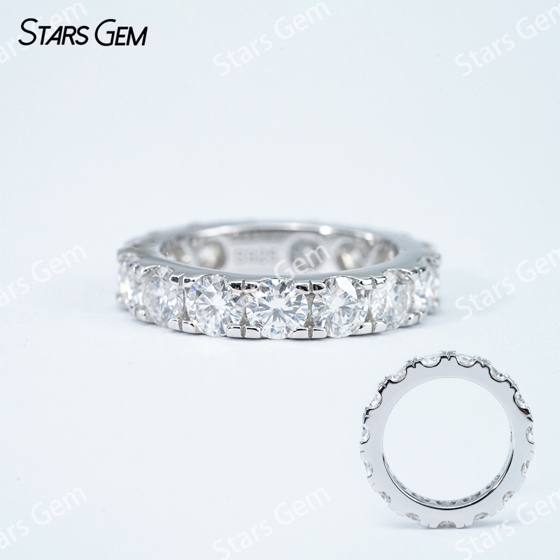 4mm Round Brilliant Cut White Black Moissanite S925 Sterling Silver Diamond Eternity Ring