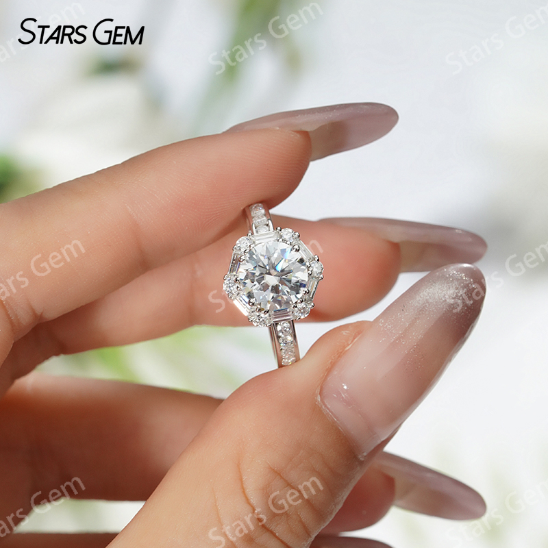 7.5mm Round Brilliant Cut Moissanite S925 Sterling Silver Hexagonal Shape Design Halo Engagement Ring